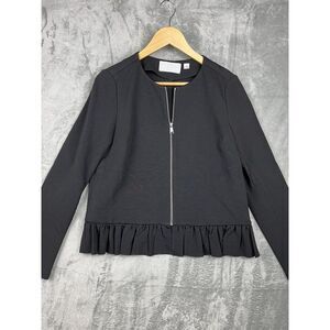 Carlisle New York Black Long Sleeve Zip Up Blazer Jacket Size 10 Ruffle Trim